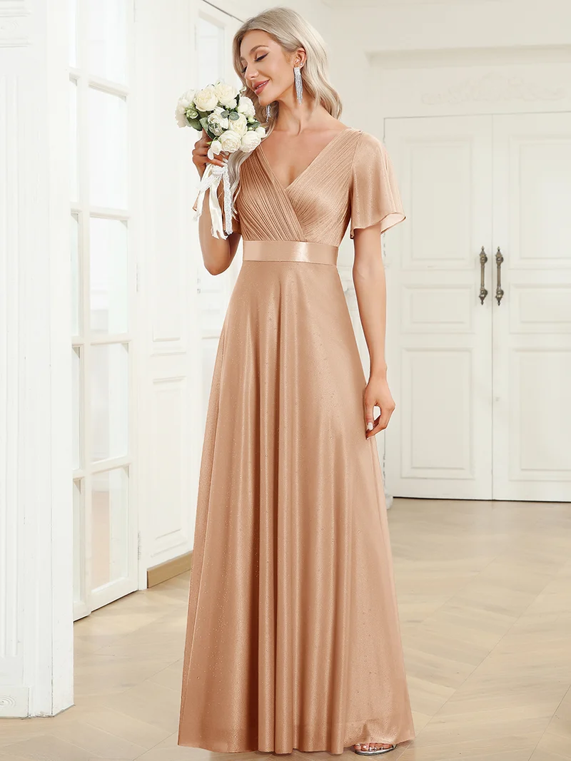 ever LIORÉ|Robe de soirée longue scintillante à col en V et à manches flottantes