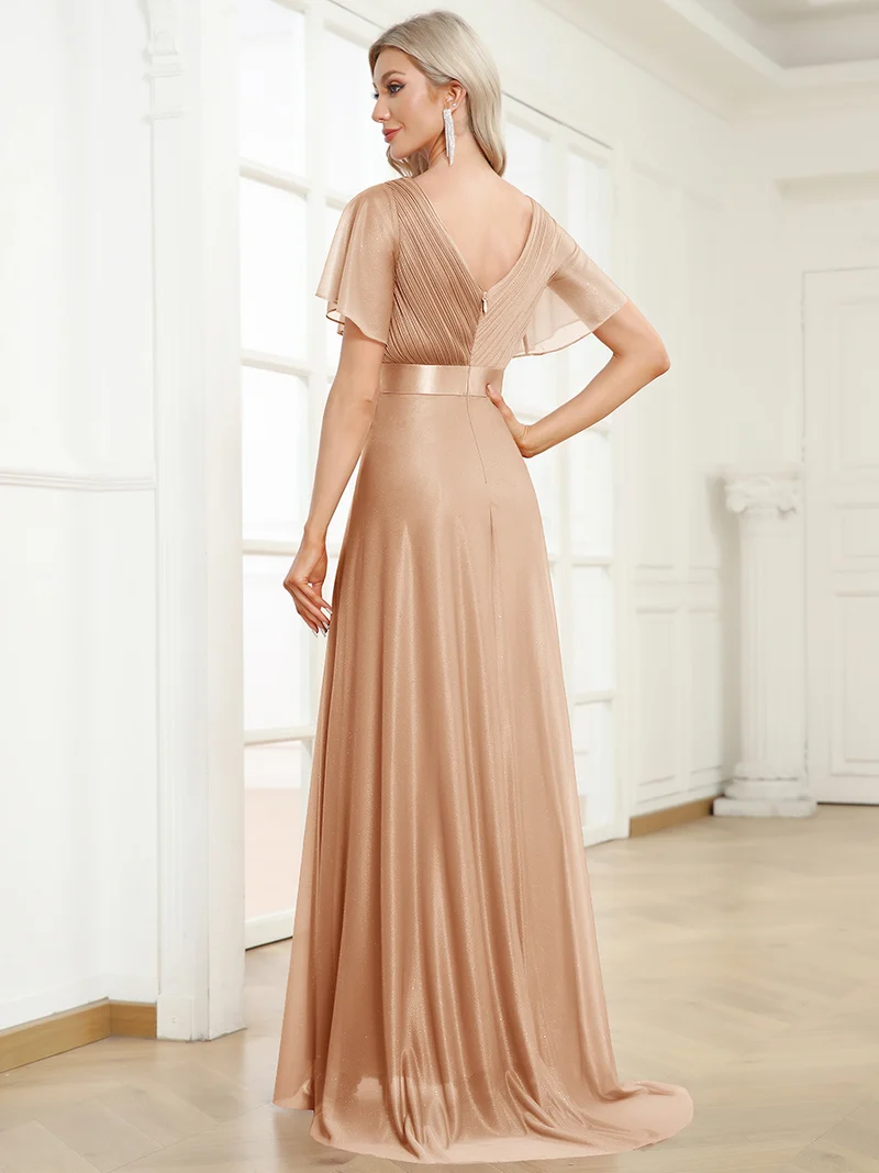 ever LIORÉ|Robe de soirée longue scintillante à col en V et à manches flottantes