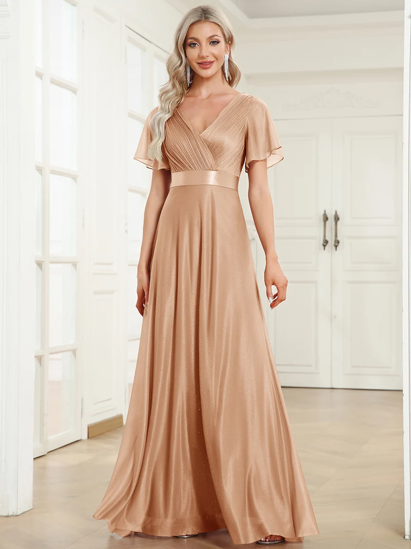 ever LIORÉ|Robe de soirée longue scintillante à col en V et à manches flottantes