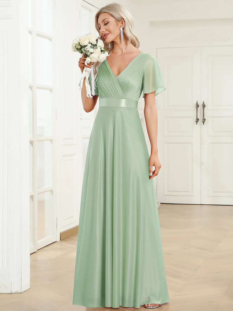 ever LIORÉ|Robe de soirée longue scintillante à col en V et à manches flottantes