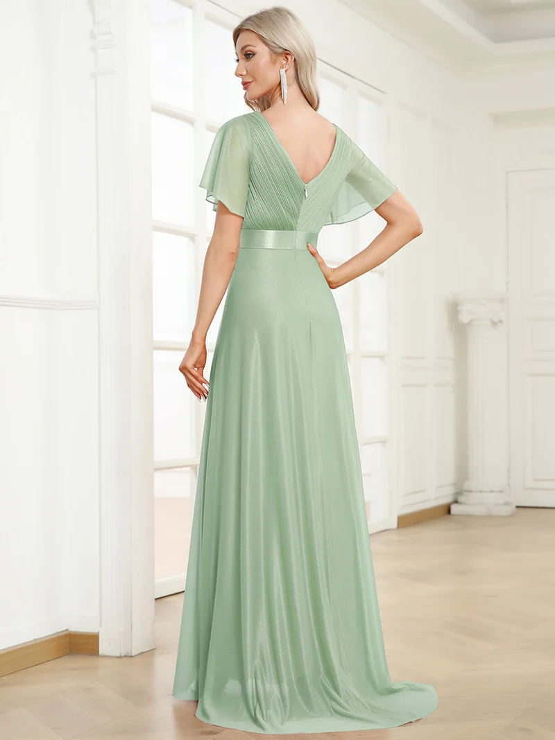 ever LIORÉ|Robe de soirée longue scintillante à col en V et à manches flottantes