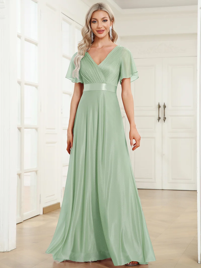 ever LIORÉ|Robe de soirée longue scintillante à col en V et à manches flottantes