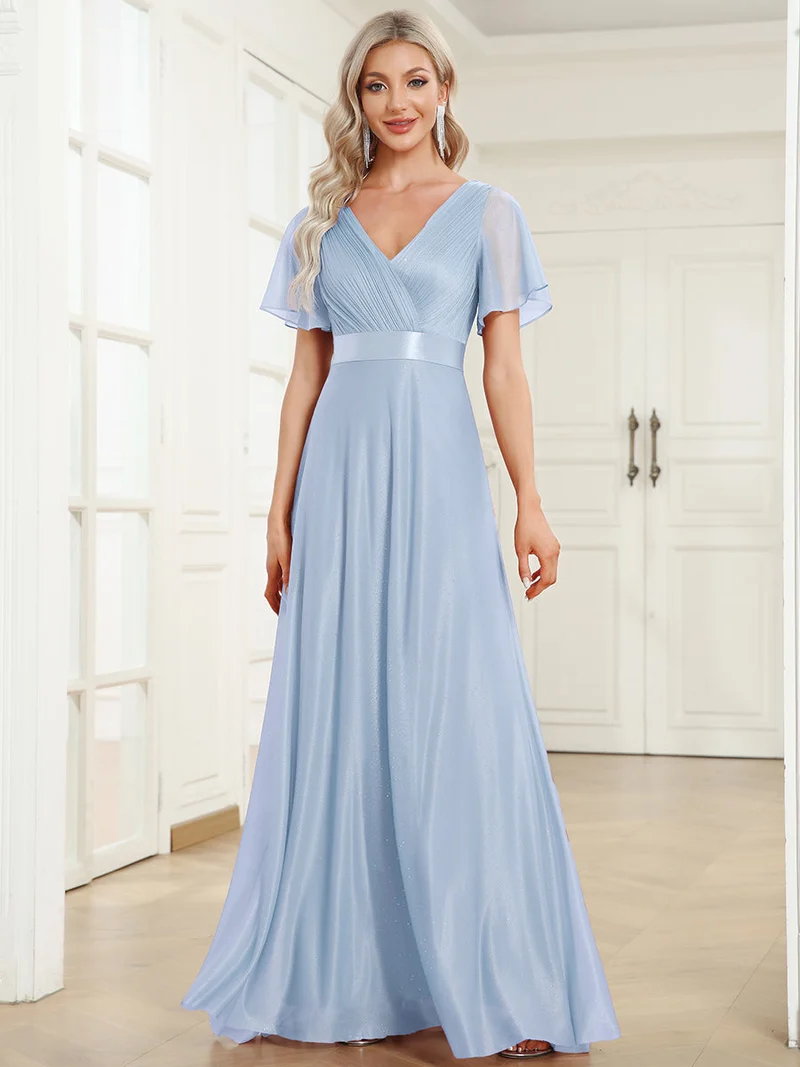 ever LIORÉ|Robe de soirée longue scintillante à col en V et à manches flottantes