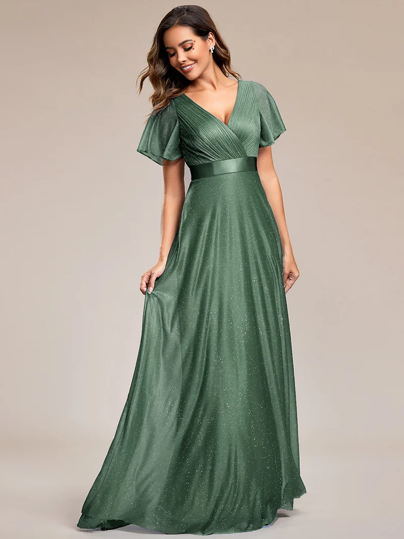 ever LIORÉ|Robe de soirée longue scintillante à col en V et à manches flottantes