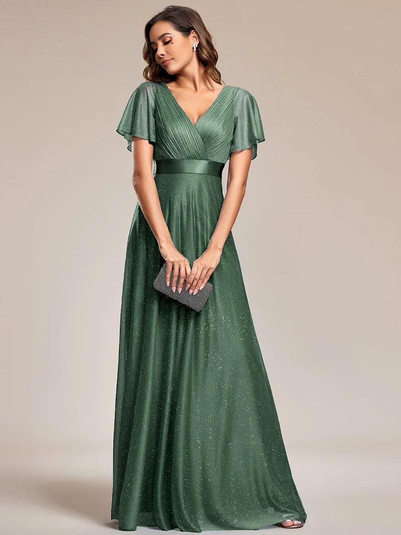 ever LIORÉ|Robe de soirée longue scintillante à col en V et à manches flottantes