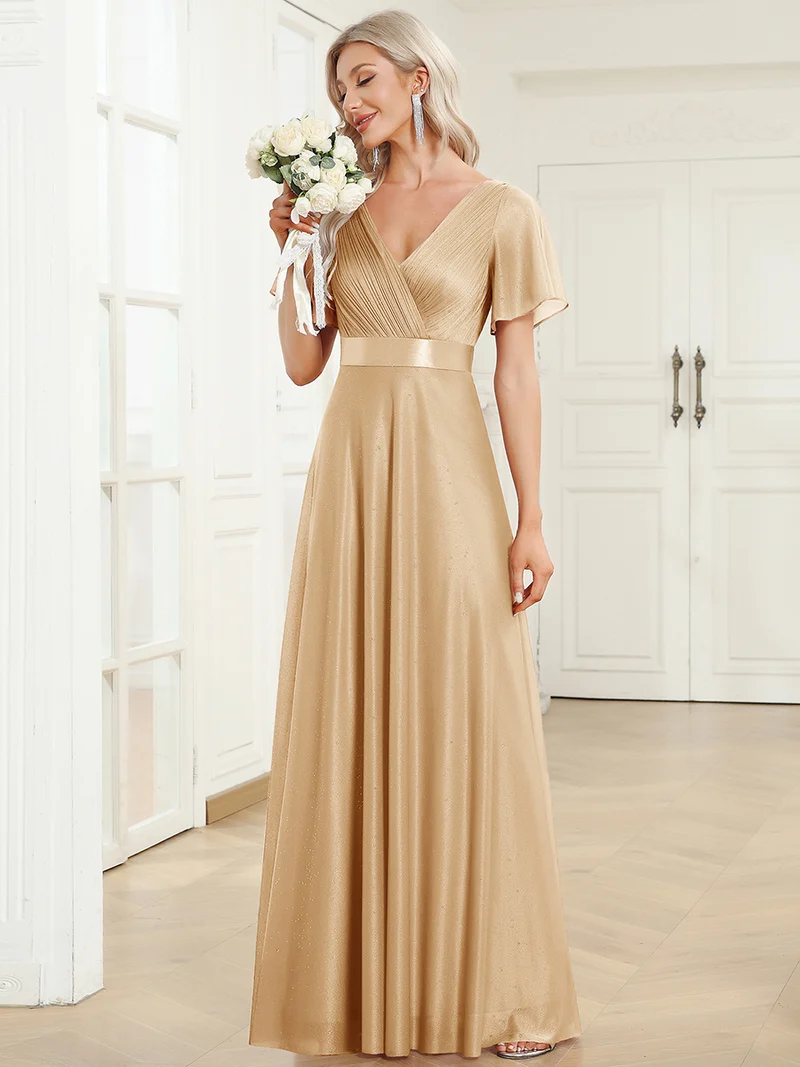 ever LIORÉ|Robe de soirée longue scintillante à col en V et à manches flottantes