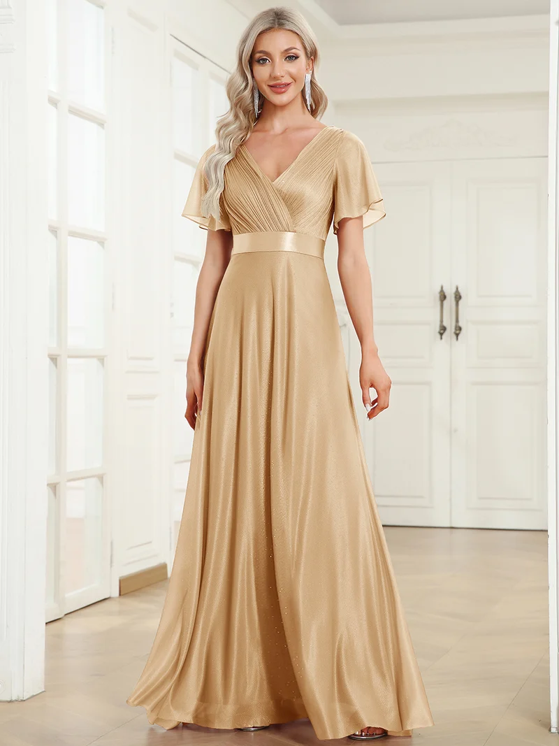 ever LIORÉ|Robe de soirée longue scintillante à col en V et à manches flottantes