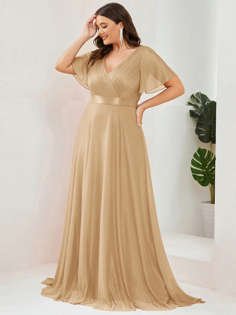 ever LIORÉ|Robe de soirée longue scintillante à col en V et à manches flottantes