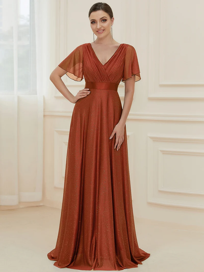 ever LIORÉ|Robe de soirée longue scintillante à col en V et à manches flottantes