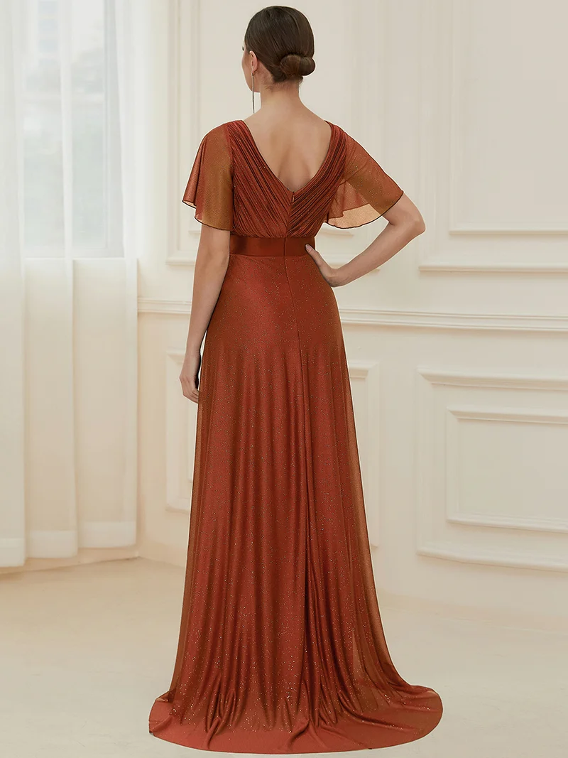 ever LIORÉ|Robe de soirée longue scintillante à col en V et à manches flottantes