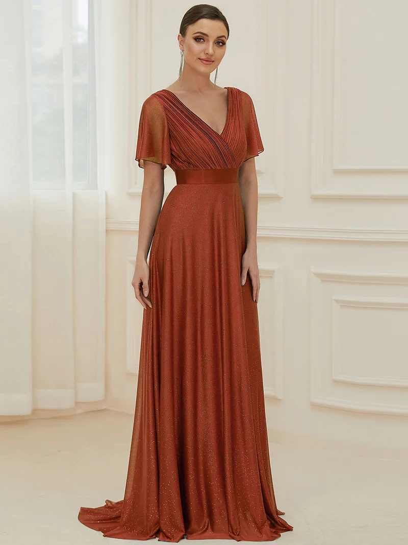 ever LIORÉ|Robe de soirée longue scintillante à col en V et à manches flottantes