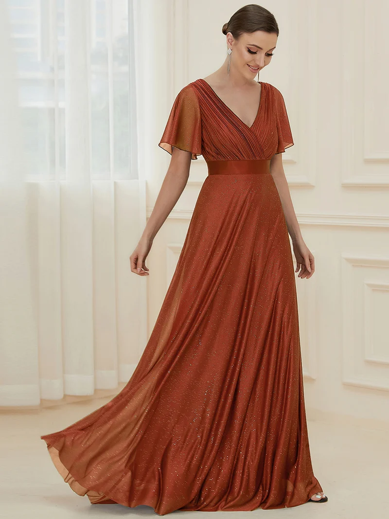 ever LIORÉ|Robe de soirée longue scintillante à col en V et à manches flottantes