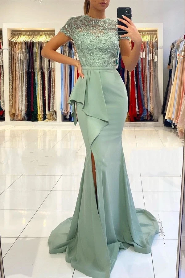 Robe de bal sirène élégante à manches courtes et fente en dentelle – Idéale pour les occasions spéciales