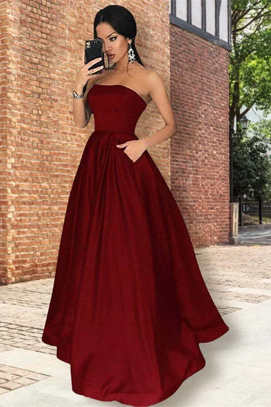 Robe de bal élégante bordeaux sans bretelles avec poches, coupe trapèze, longueur au sol
