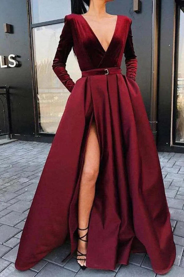 Robe de bal bordeaux élégante à manches longues avec fente jusqu'aux cuisses et poches