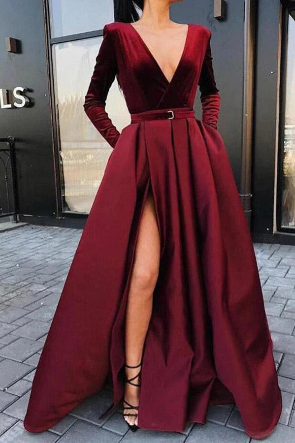 Robe de bal bordeaux élégante à manches longues avec fente jusqu'aux cuisses et poches