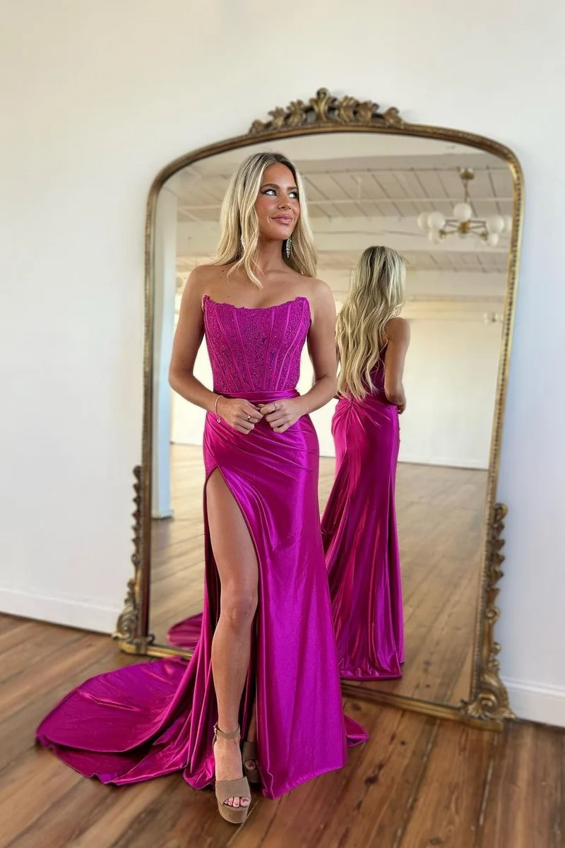 Robe de bal fuchsia élégante sans manches à col bateau avec appliqués exquis et fente