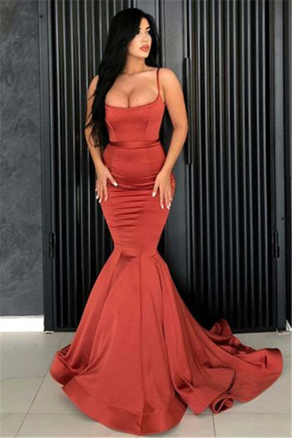 Robe de bal sirène longue et élégante orange brûlé : robe élégante en satin, dos nu, longueur au sol