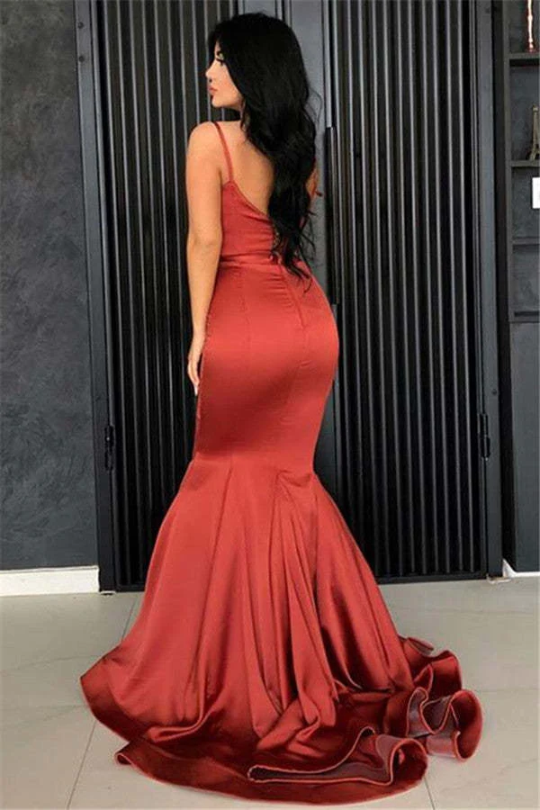 Robe de bal sirène longue et élégante orange brûlé : robe élégante en satin, dos nu, longueur au sol
