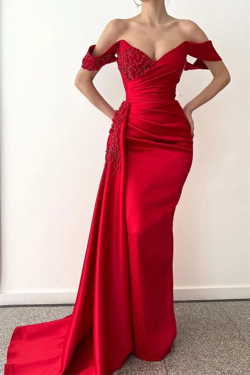 Robe de bal sirène rouge élégante : col en V, épaules dénudées, perles, longues volants