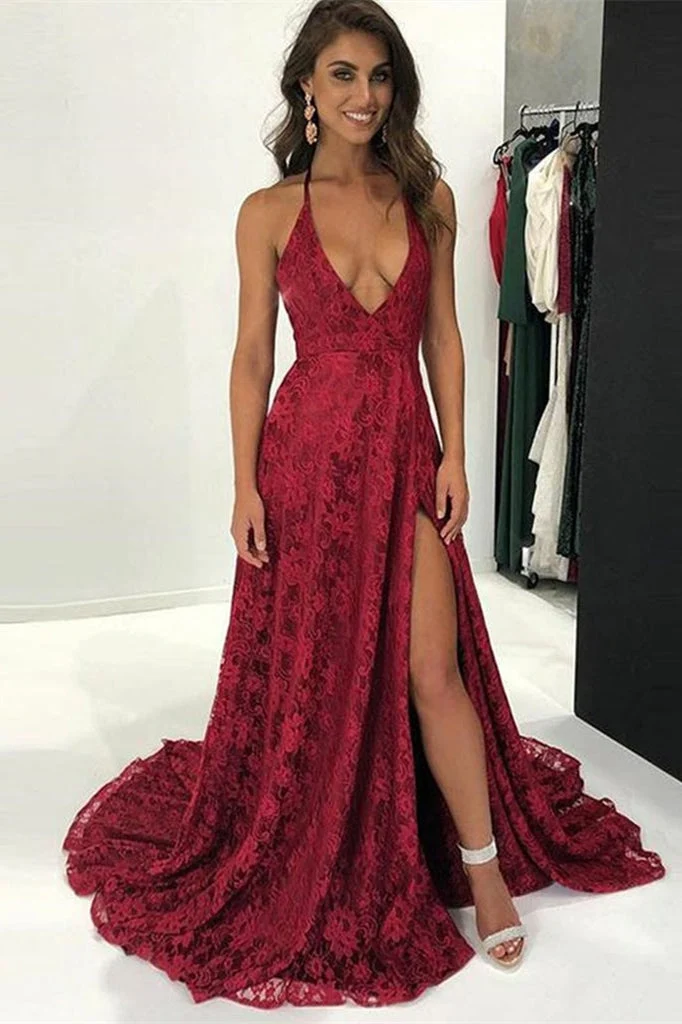 Robe de bal élégante en dentelle bordeaux avec col en V et fente – Idéale pour les occasions spéciales