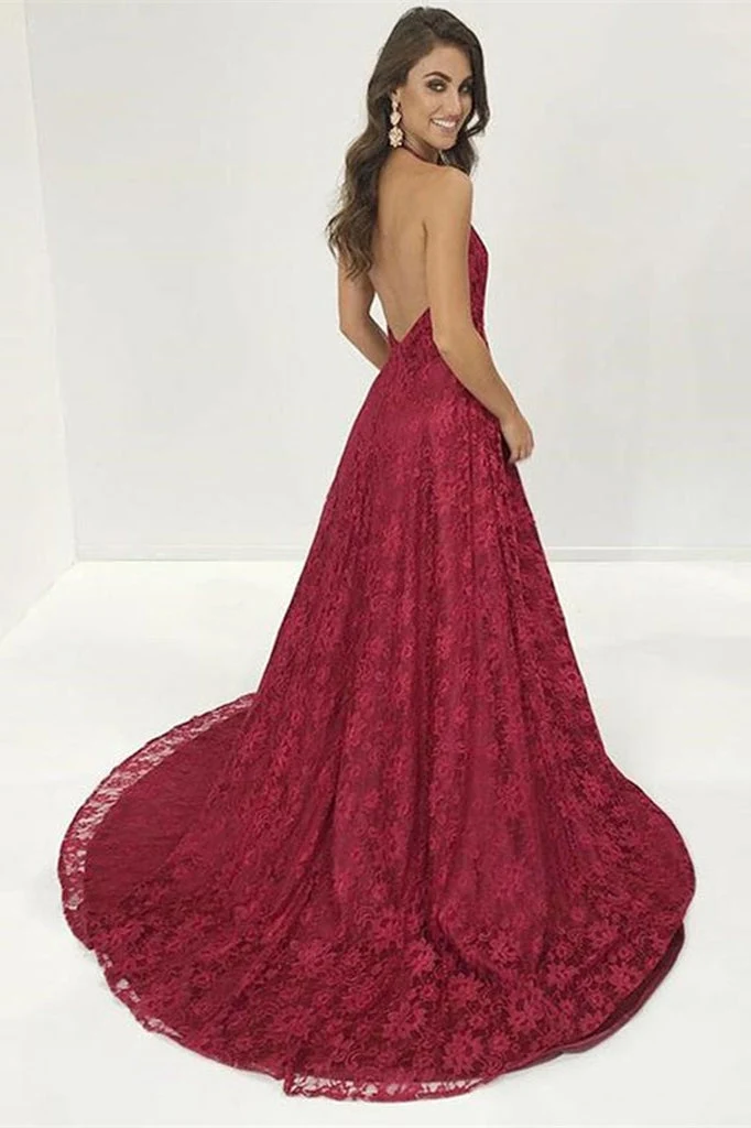 Robe de bal élégante en dentelle bordeaux avec col en V et fente – Idéale pour les occasions spéciales