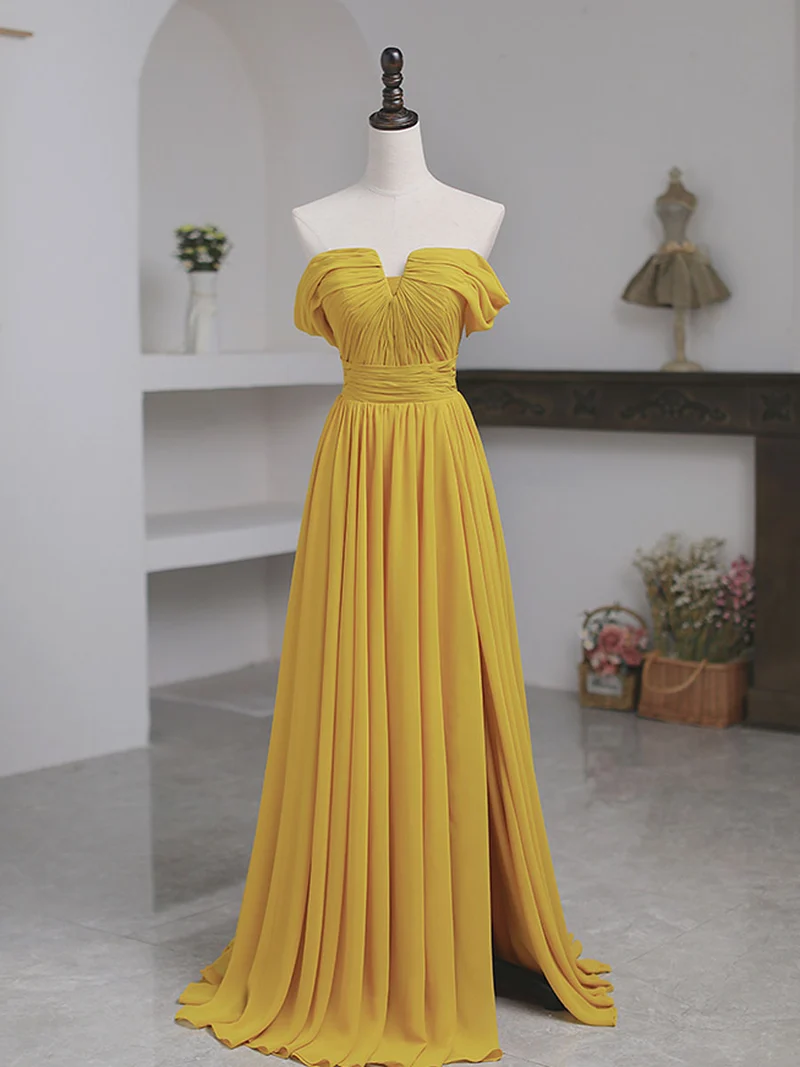 Robe de bal trapèze élégante en mousseline jaune à épaules dénudées et longueur au sol avec dos lacé