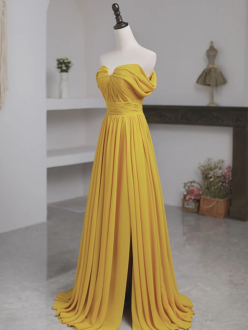 Robe de bal trapèze élégante en mousseline jaune à épaules dénudées et longueur au sol avec dos lacé