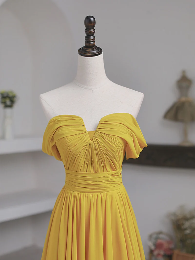 Robe de bal trapèze élégante en mousseline jaune à épaules dénudées et longueur au sol avec dos lacé