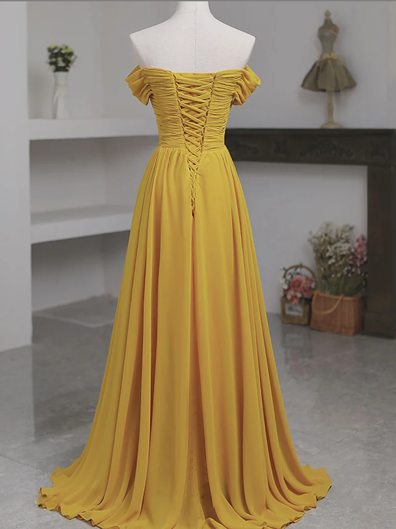Robe de bal trapèze élégante en mousseline jaune à épaules dénudées et longueur au sol avec dos lacé
