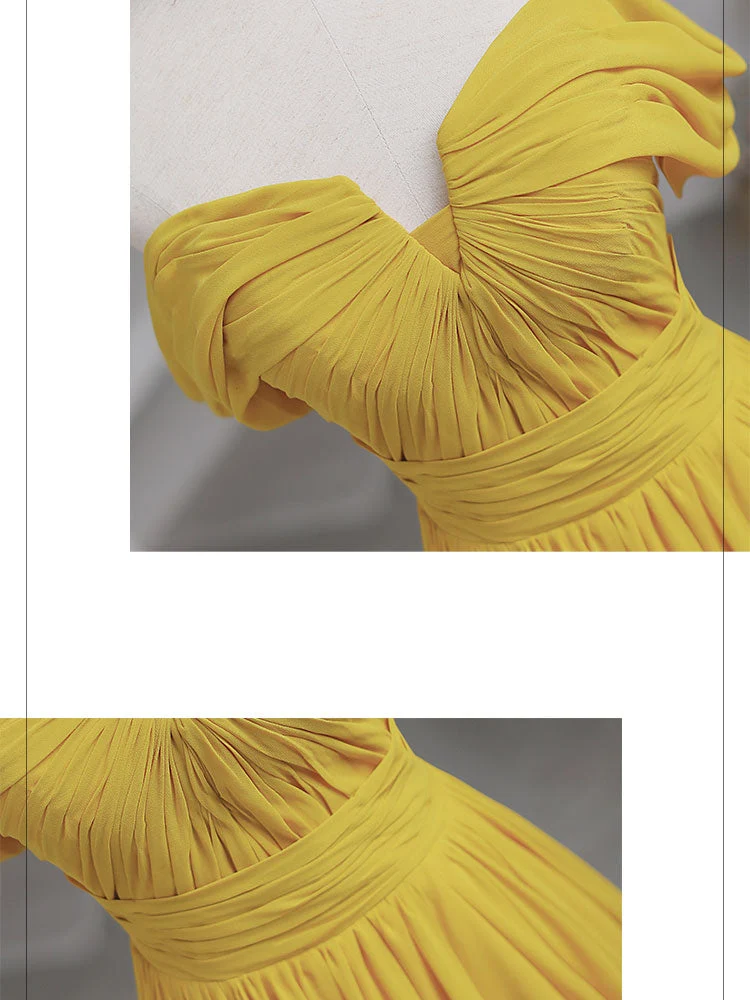 Robe de bal trapèze élégante en mousseline jaune à épaules dénudées et longueur au sol avec dos lacé