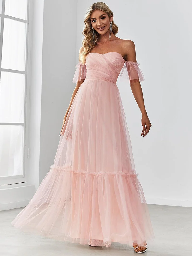 ever LUCIE|Robe de soirée en tulle plissée à épaules dénudées