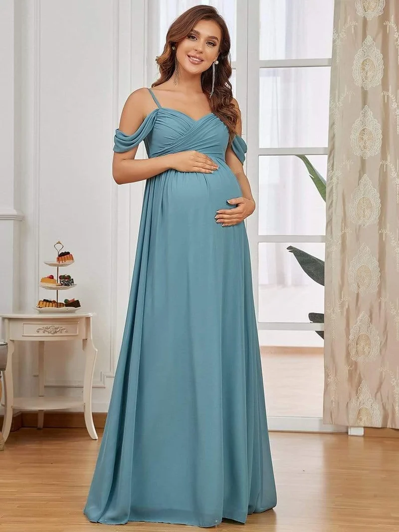 Maxi robe de maternité solide à bretelles spaghetti à épaules dénudées