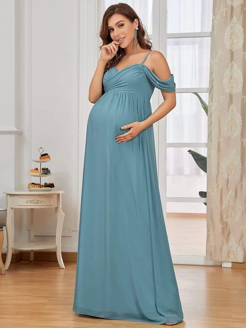 Maxi robe de maternité solide à bretelles spaghetti à épaules dénudées