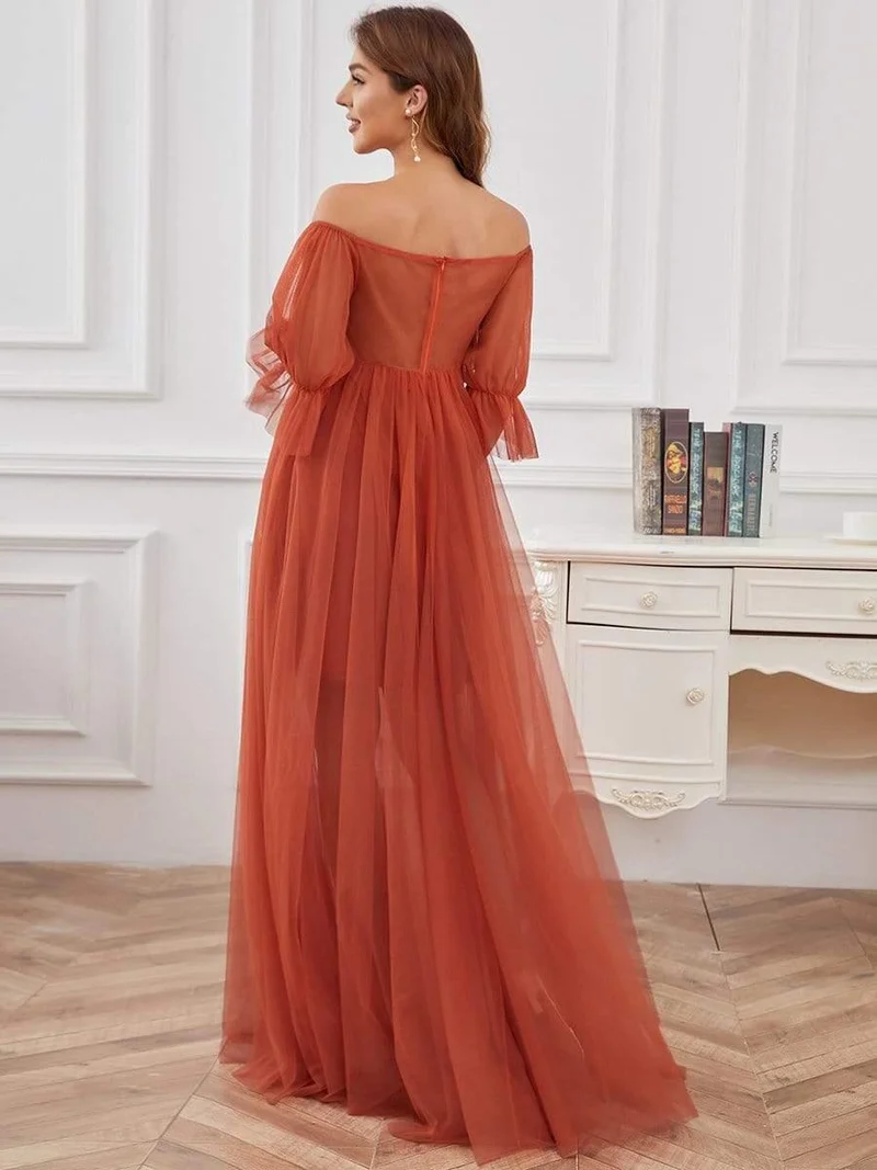 Robe de cérémonie longue en tulle plissé à épaules dénudées (Vente finale)