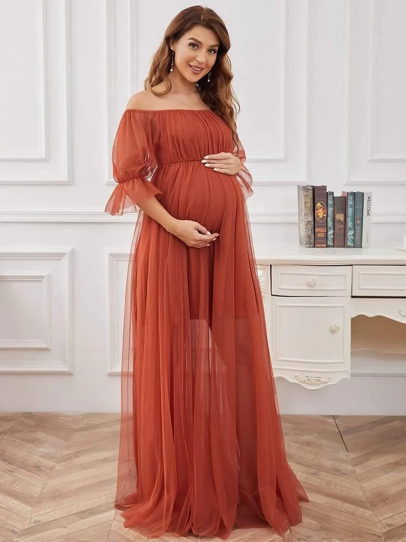 Robe de cérémonie longue en tulle plissé à épaules dénudées (Vente finale)