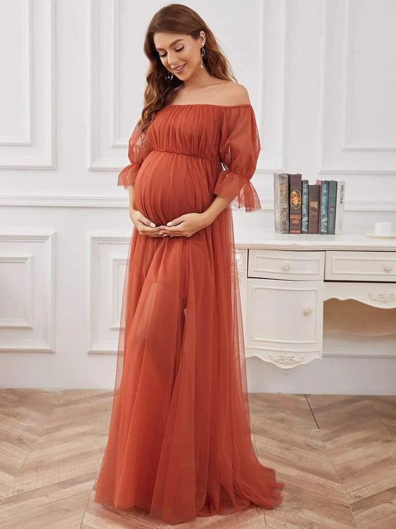 Robe de cérémonie longue en tulle plissé à épaules dénudées (Vente finale)