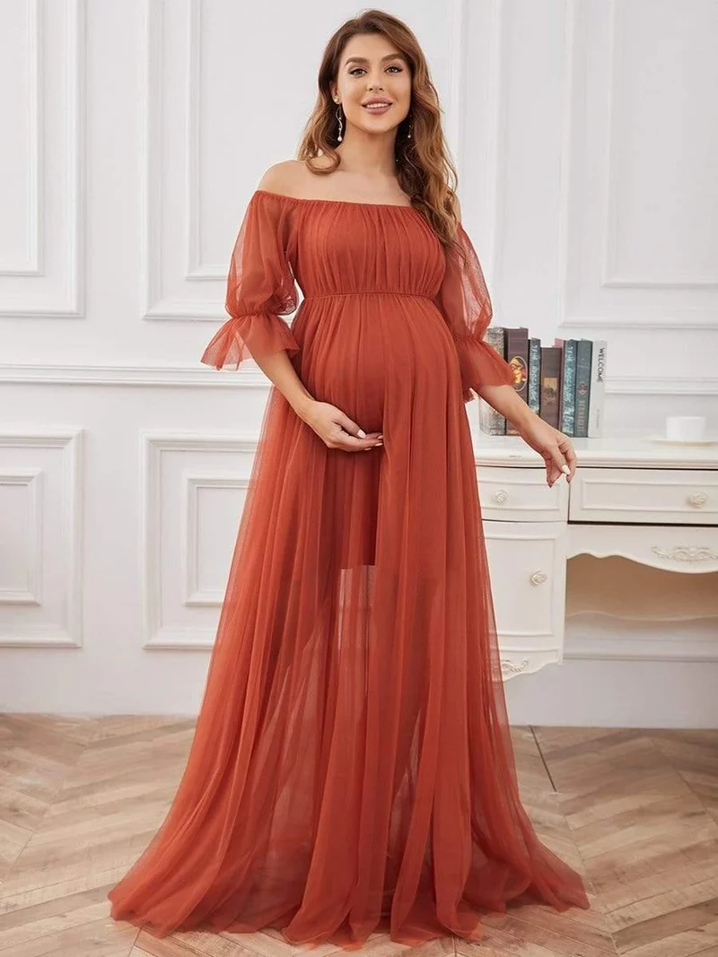 Robe de cérémonie longue en tulle plissé à épaules dénudées (Vente finale)