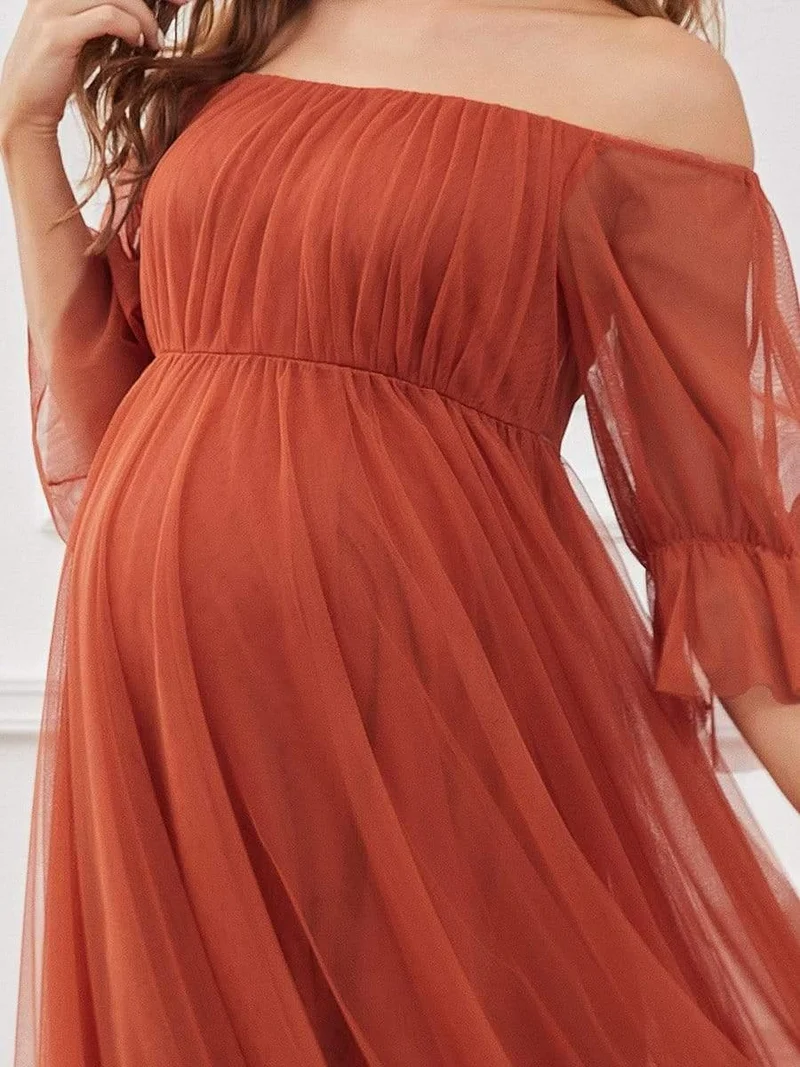 Robe de cérémonie longue en tulle plissé à épaules dénudées (Vente finale)
