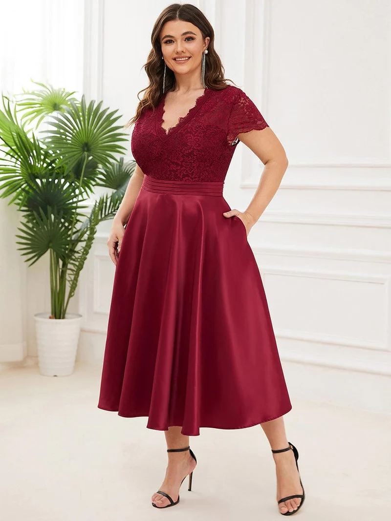 ever HARLEY|Élégante robe de soirée mi-longue à manches courtes et à fleurs brodées à col en V