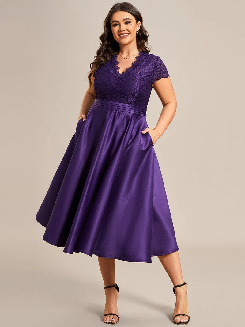 ever HARLEY|Élégante robe de soirée mi-longue à manches courtes et à fleurs brodées à col en V