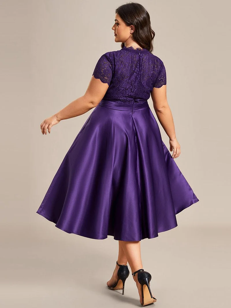 ever HARLEY|Élégante robe de soirée mi-longue à manches courtes et à fleurs brodées à col en V