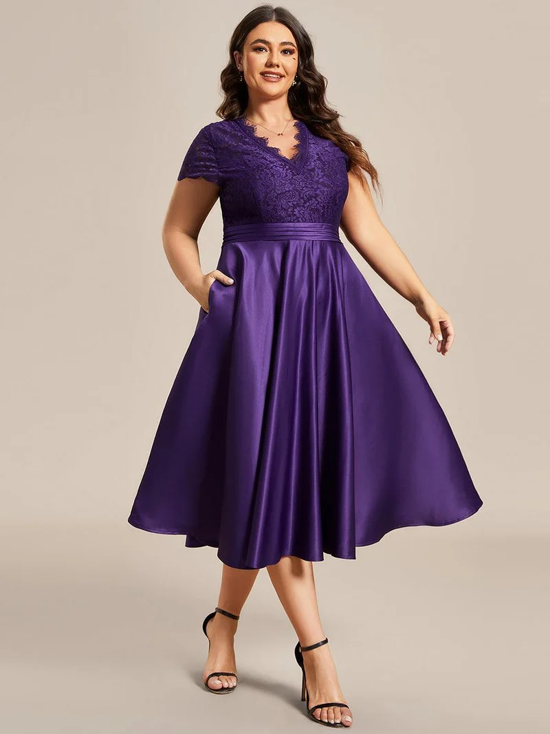 ever HARLEY|Élégante robe de soirée mi-longue à manches courtes et à fleurs brodées à col en V