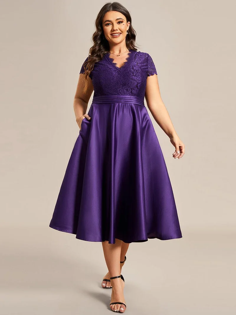 ever HARLEY|Élégante robe de soirée mi-longue à manches courtes et à fleurs brodées à col en V