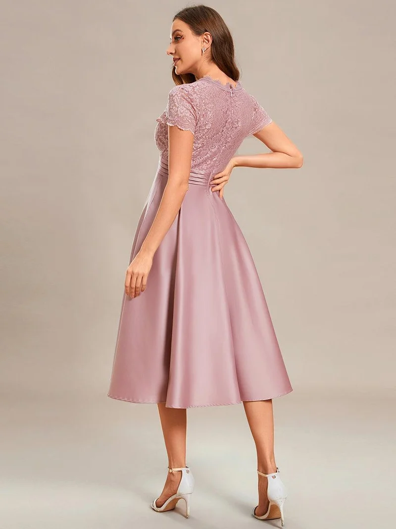 ever HARLEY|Élégante robe de soirée mi-longue à manches courtes et à fleurs brodées à col en V