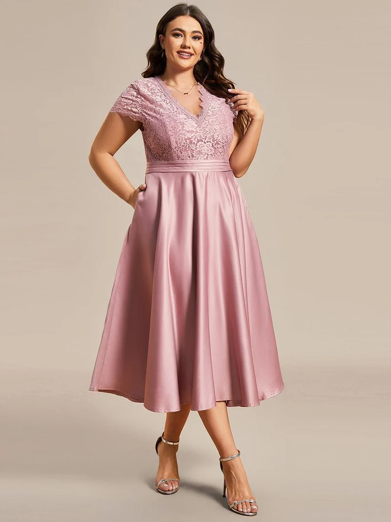 ever HARLEY|Élégante robe de soirée mi-longue à manches courtes et à fleurs brodées à col en V