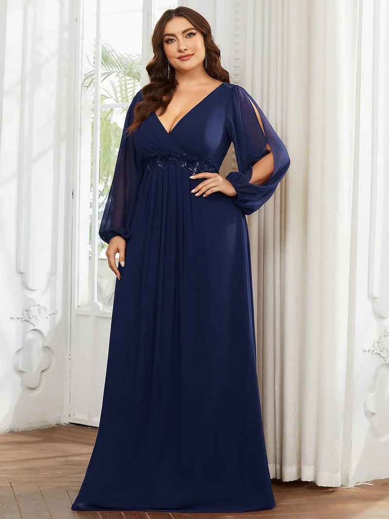 pretty AMOUR|Robes de soirée élégantes en mousseline de soie grande taille avec manches longues en lanterne