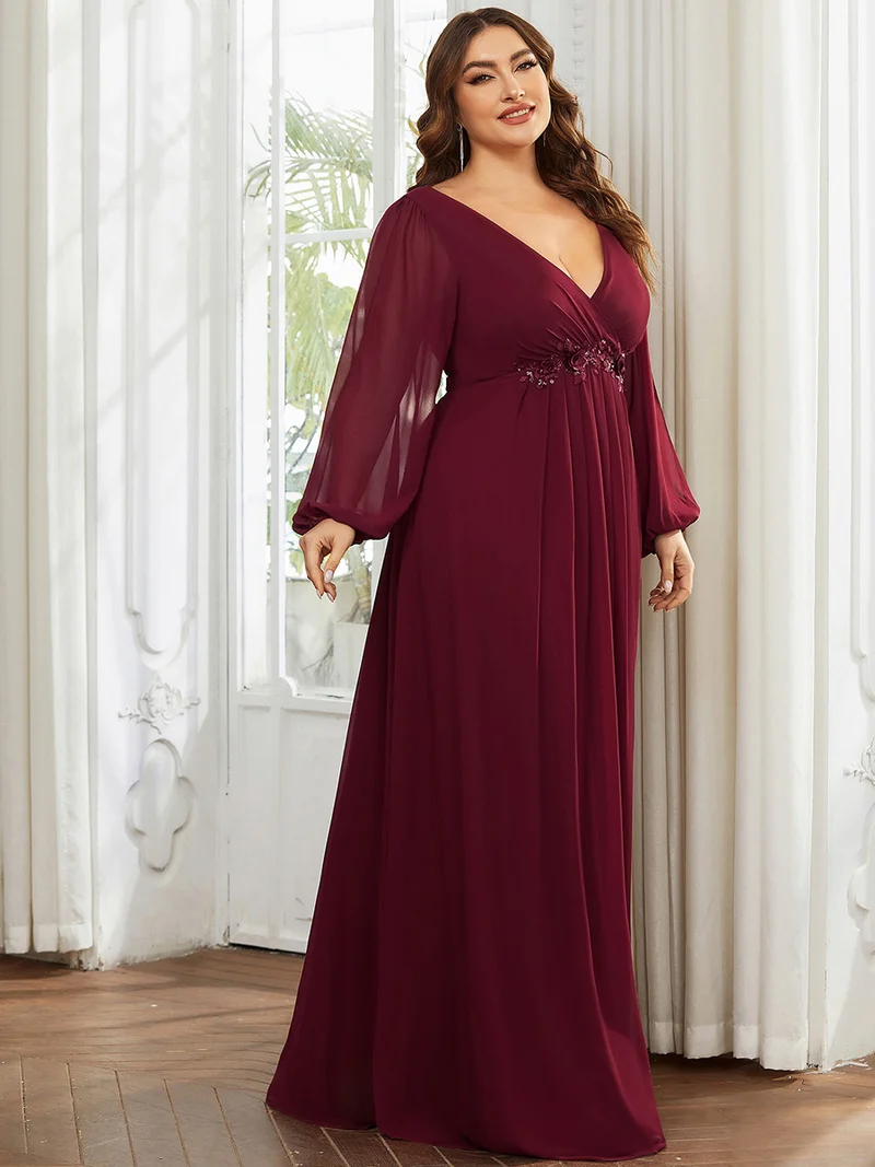 pretty AMOUR|Robes de soirée élégantes en mousseline de soie grande taille avec manches longues en lanterne