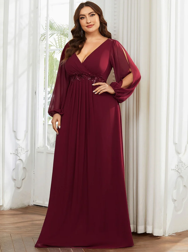 pretty AMOUR|Robes de soirée élégantes en mousseline de soie grande taille avec manches longues en lanterne
