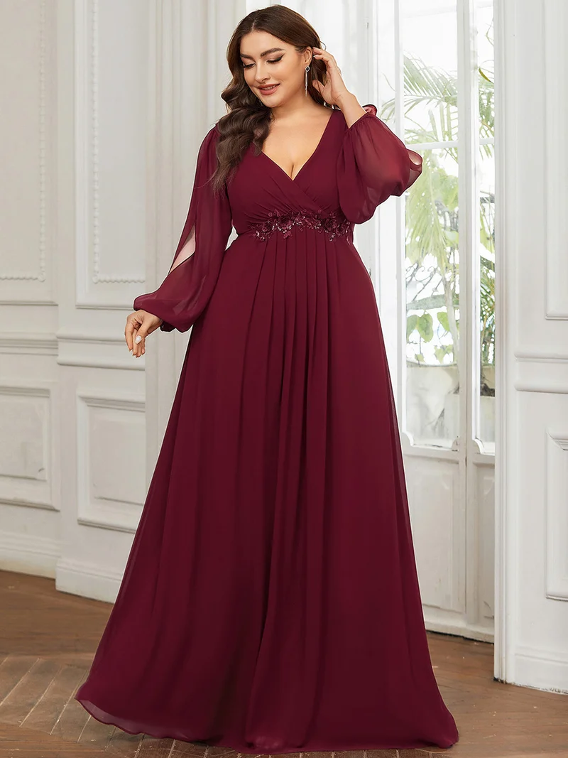 pretty AMOUR|Robes de soirée élégantes en mousseline de soie grande taille avec manches longues en lanterne